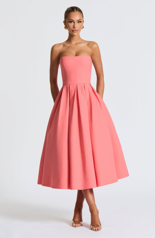 R.F Edith Midi Dress Strapless Stretch Bengaline Coral Pink
