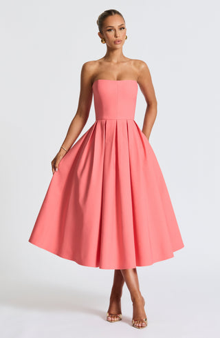 R.F Edith Midi Dress Strapless Stretch Bengaline Coral Pink