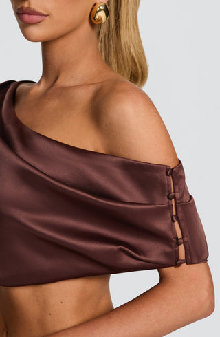 M.T Edwina Crop One-Shoulder Top Stretch Satin Plum Brown