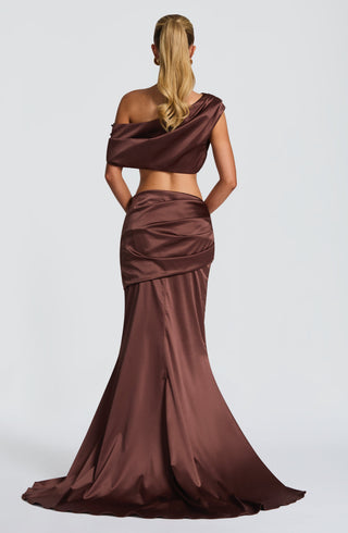 M.T Edwina Crop One-Shoulder Top Stretch Satin Plum Brown