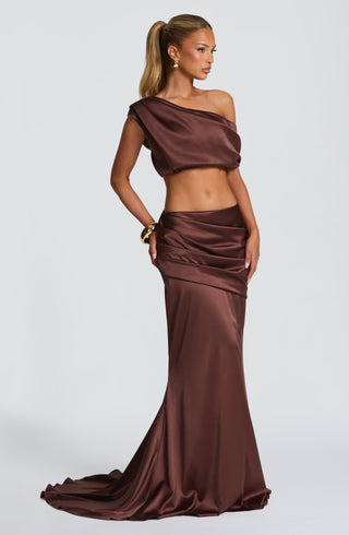M.T Edwina Crop One-Shoulder Top Stretch Satin Plum Brown