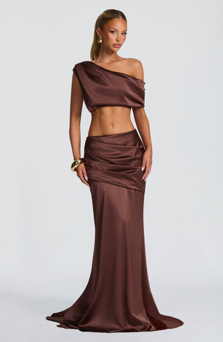 M.T Edwina Crop One-Shoulder Top Stretch Satin Plum Brown