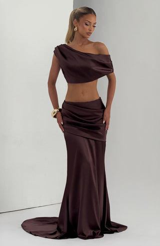 M.T Edwina Crop One-Shoulder Top Stretch Satin Plum Brown