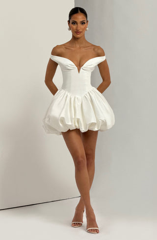 S.M Eileen Mini Dress Textured Taffeta Puffball Skirt Ivory
