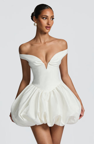 S.M Eileen Mini Dress Textured Taffeta Puffball Skirt Ivory