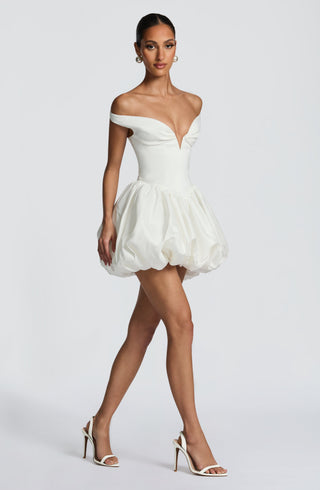 S.M Eileen Mini Dress Textured Taffeta Puffball Skirt Ivory