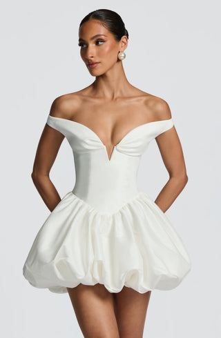 S.M Eileen Mini Dress Textured Taffeta Puffball Skirt Ivory