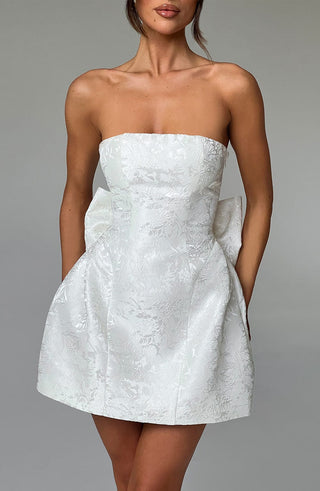 K.Y Elenora Mini Dress Floral Jacquard Strapless Ivory