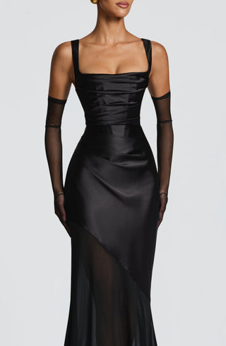 M.T Eliza Gown Corset Bodice Satin Chiffon Flared Hem Black