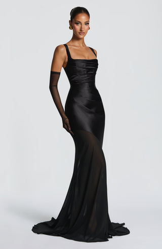 M.T Eliza Gown Corset Bodice Satin Chiffon Flared Hem Black