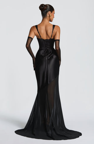 M.T Eliza Gown Corset Bodice Satin Chiffon Flared Hem Black