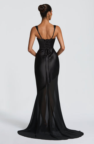 M.T Eliza Gown Corset Bodice Satin Chiffon Flared Hem Black