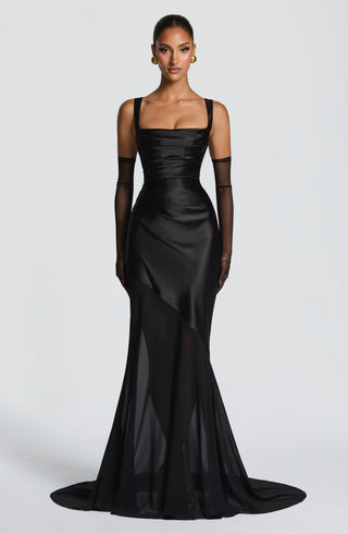 M.T Eliza Gown Corset Bodice Satin Chiffon Flared Hem Black