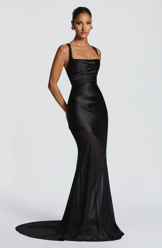 M.T Eliza Gown Corset Bodice Satin Chiffon Flared Hem Black