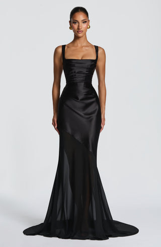 M.T Eliza Gown Corset Bodice Satin Chiffon Flared Hem Black