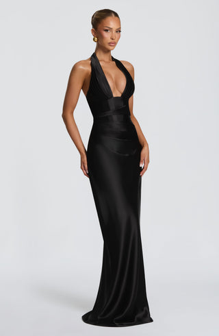 M.T Elowen Maxi Dress Non-Stretch Satin Corset Bodice Black