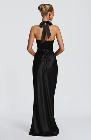 M.T Elowen Maxi Dress Non-Stretch Satin Corset Bodice Black