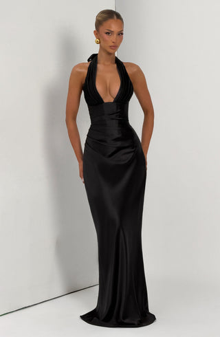 M.T Elowen Maxi Dress Non-Stretch Satin Corset Bodice Black