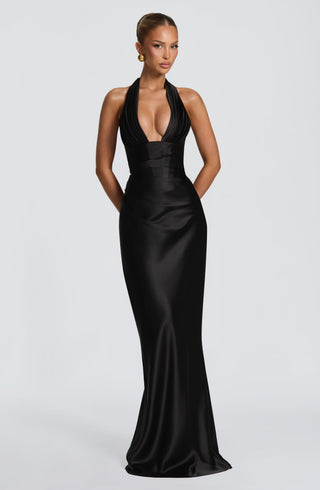 M.T Elowen Maxi Dress Non-Stretch Satin Corset Bodice Black