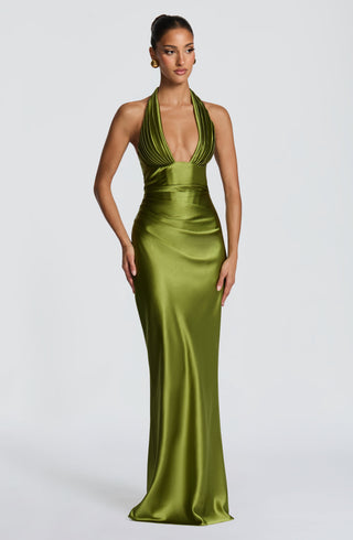 M.T Elowen Maxi Dress Satin Bias-Cut Halter Olive