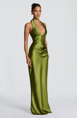 M.T Elowen Maxi Dress Satin Bias-Cut Halter Olive