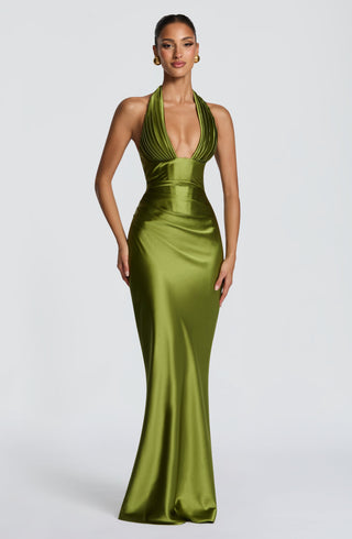 M.T Elowen Maxi Dress Satin Bias-Cut Halter Olive