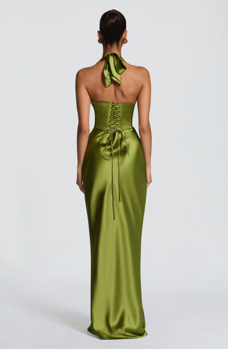 M.T Elowen Maxi Dress Satin Bias-Cut Halter Olive