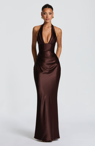 M.T Elowen Maxi Dress Non-Stretch Satin Plum Brown
