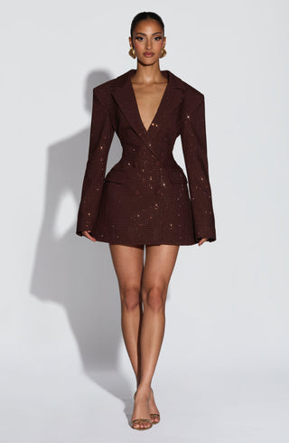S.M Elvira Mini Dress Plum Brown Hotfix Rhinestones