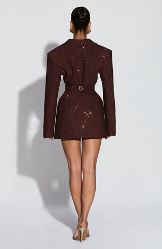 S.M Elvira Mini Dress Plum Brown Hotfix Rhinestones