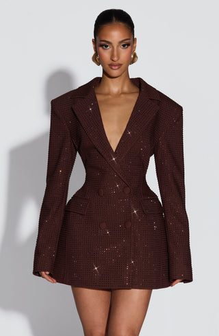 S.M Elvira Mini Dress Plum Brown Hotfix Rhinestones