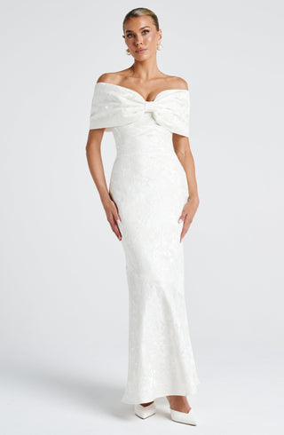 K.Y Emberly Maxi Dress Bias-Cut Floral Jacquard Ivory