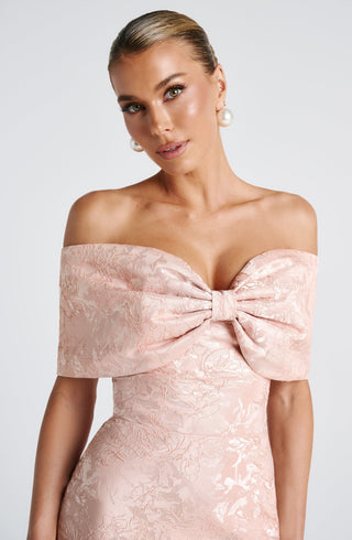 K.Y Emberly Maxi Dress Floral Jacquard Lace-Up Back Soft Peach