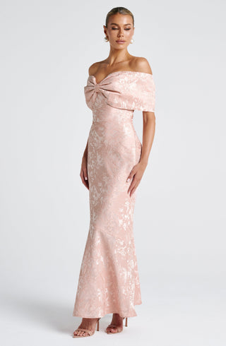 K.Y Emberly Maxi Dress Floral Jacquard Lace-Up Back Soft Peach