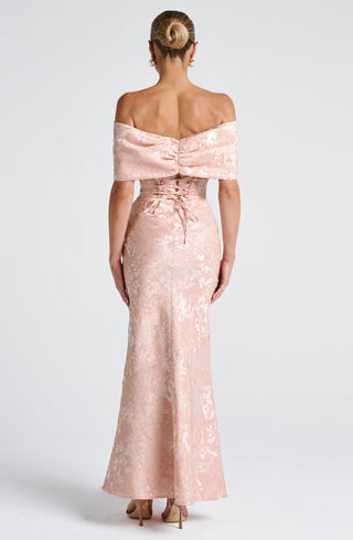 K.Y Emberly Maxi Dress Floral Jacquard Lace-Up Back Soft Peach