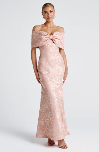 K.Y Emberly Maxi Dress Floral Jacquard Lace-Up Back Soft Peach
