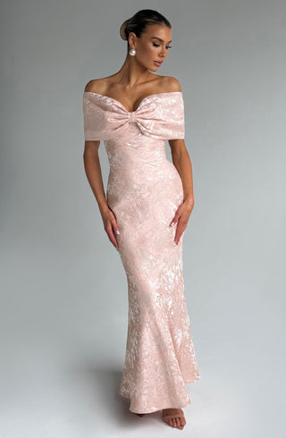 K.Y Emberly Maxi Dress Floral Jacquard Lace-Up Back Soft Peach