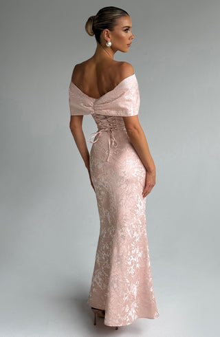 K.Y Emberly Maxi Dress Floral Jacquard Lace-Up Back Soft Peach