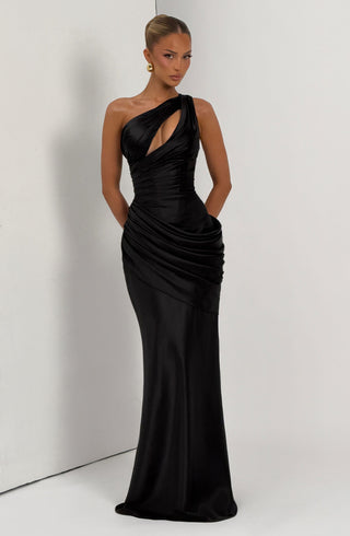 M.T Emina Maxi Dress Satin One-Shoulder Black