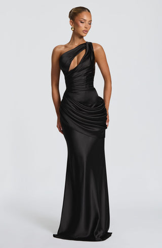 M.T Emina Maxi Dress Satin One-Shoulder Black
