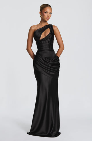 M.T Emina Maxi Dress Satin One-Shoulder Black