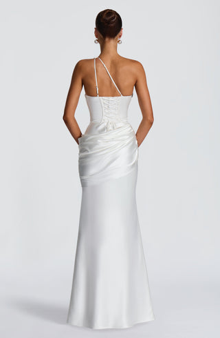 M.T Emina Maxi Dress Satin Ivory One-Shoulder Corset