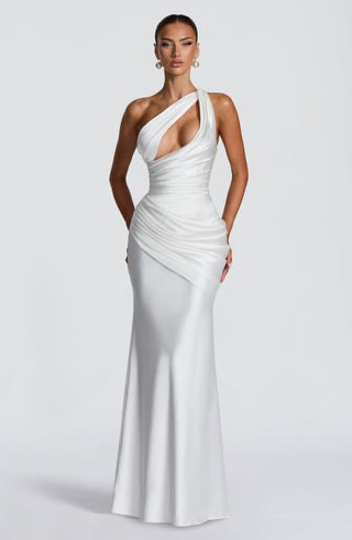 M.T Emina Maxi Dress Satin Ivory One-Shoulder Corset