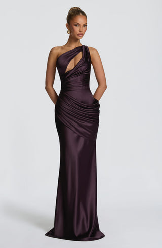 M.T Emina One-Shoulder Maxi Dress Satin Corset Plum