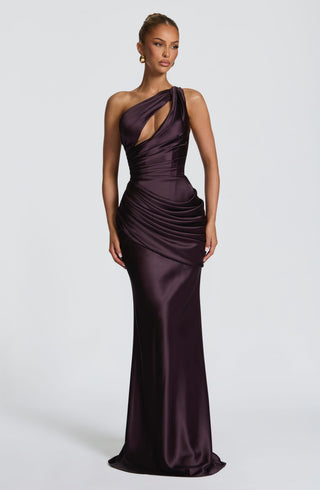 M.T Emina One-Shoulder Maxi Dress Satin Corset Plum