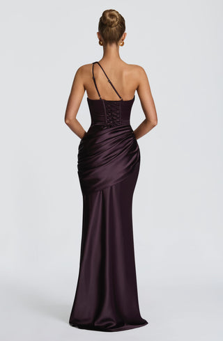 M.T Emina One-Shoulder Maxi Dress Satin Corset Plum