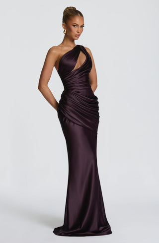 M.T Emina One-Shoulder Maxi Dress Satin Corset Plum