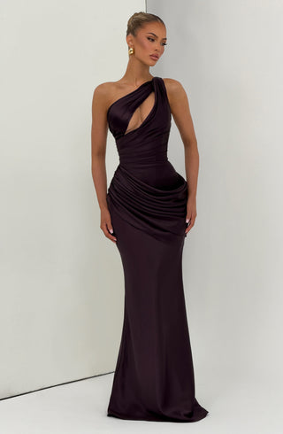 M.T Emina One-Shoulder Maxi Dress Satin Corset Plum