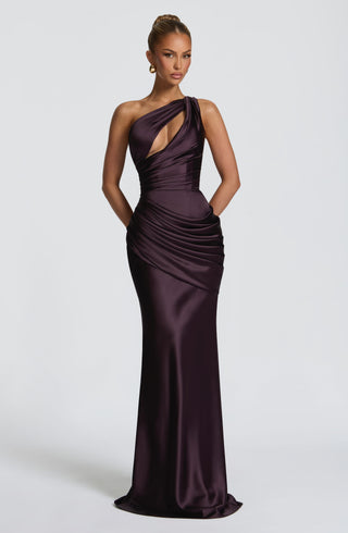 M.T Emina One-Shoulder Maxi Dress Satin Corset Plum