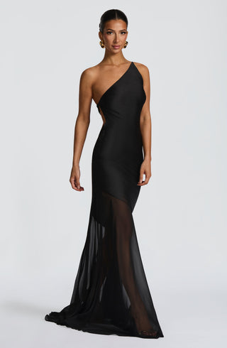M.T Fable Gown Textured Satin Chiffon One-Shoulder Black